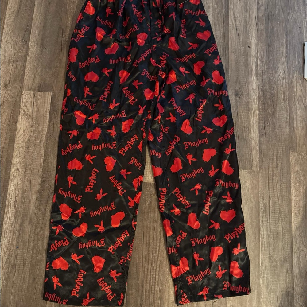 PLAYBOY Black and Red Straight Leg Pants with Bold Design